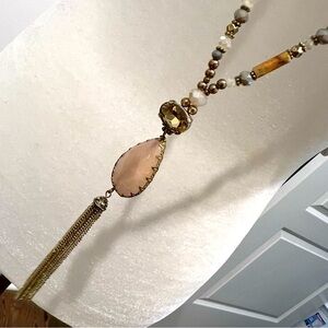 Long  tassel gold tone milky faceted stone rhinestones Necklace